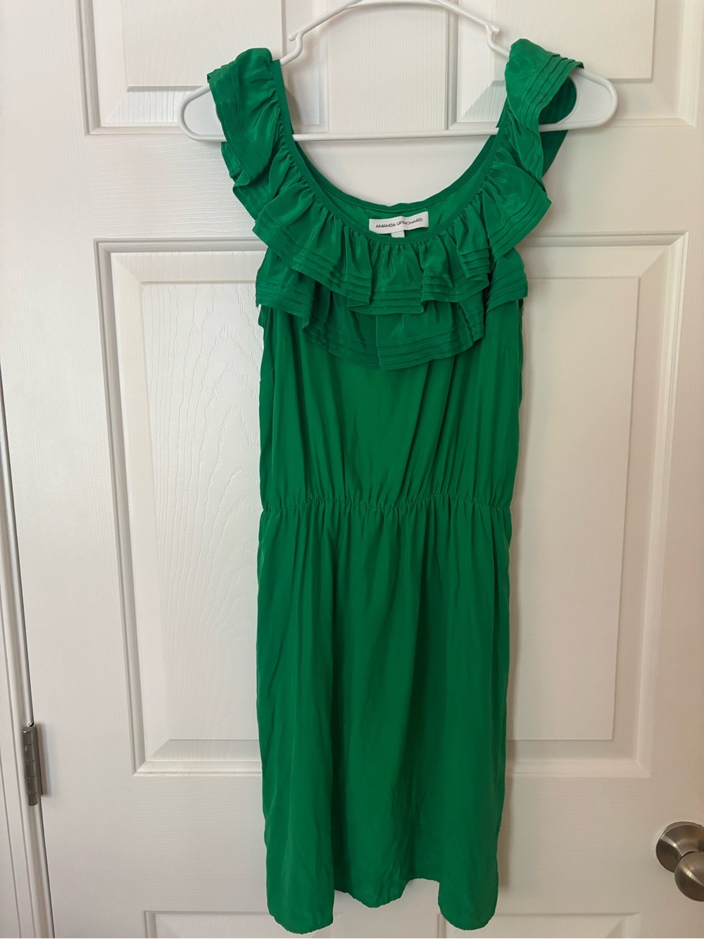 Amanda Uprichard Emerald Green Ruffle-Neck Casual Dress 100% Silk Size Small